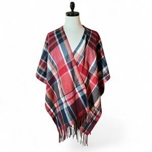 Woolrich Plaid Poncho Wrap Cape Fringe One Size Red Blue‎ Grey